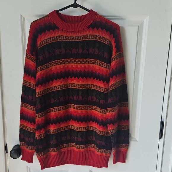 The Unbranded Brand Other - Genuine Alpaca!! Red Black Geometric Tight-Knit Crew Neck Pullover Sweater